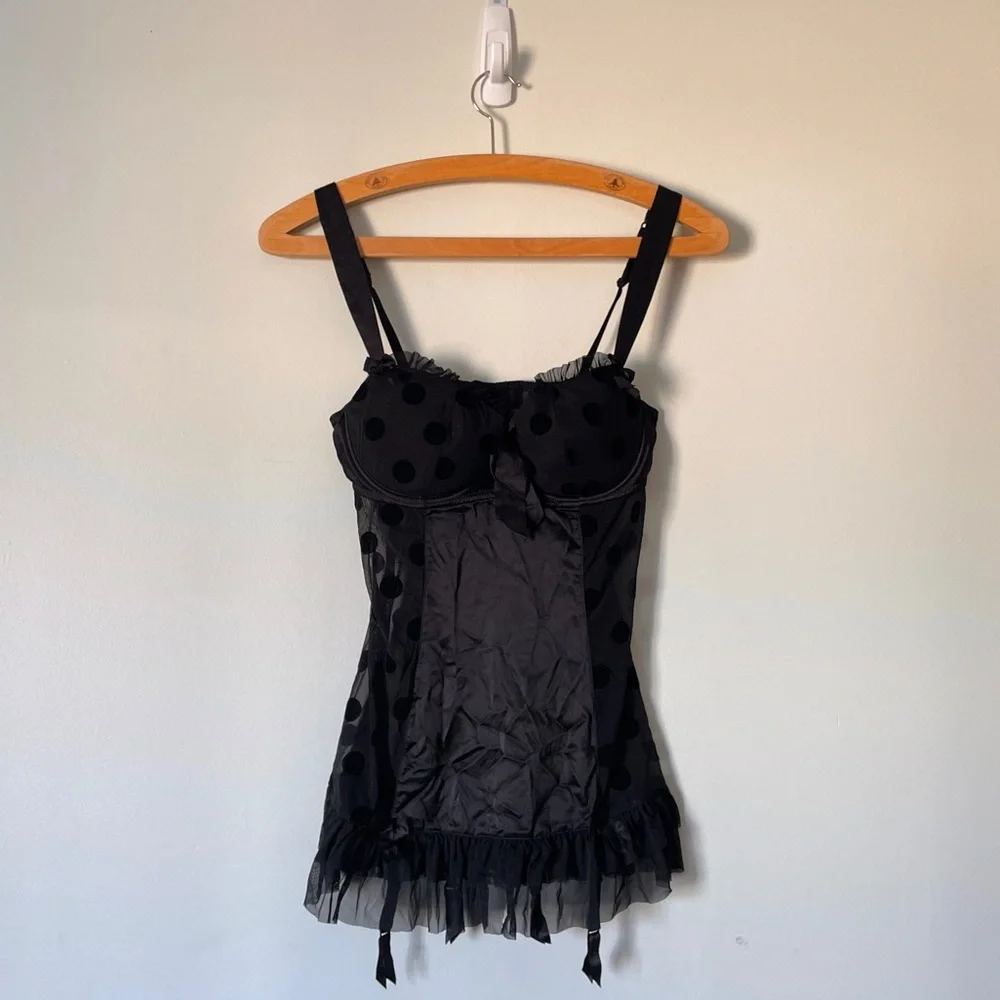 Y2K Babydoll LA SENZA Black Polka Dot Garter Lingerie Corset Mesh Top L Coquette - Picture 2 of 12